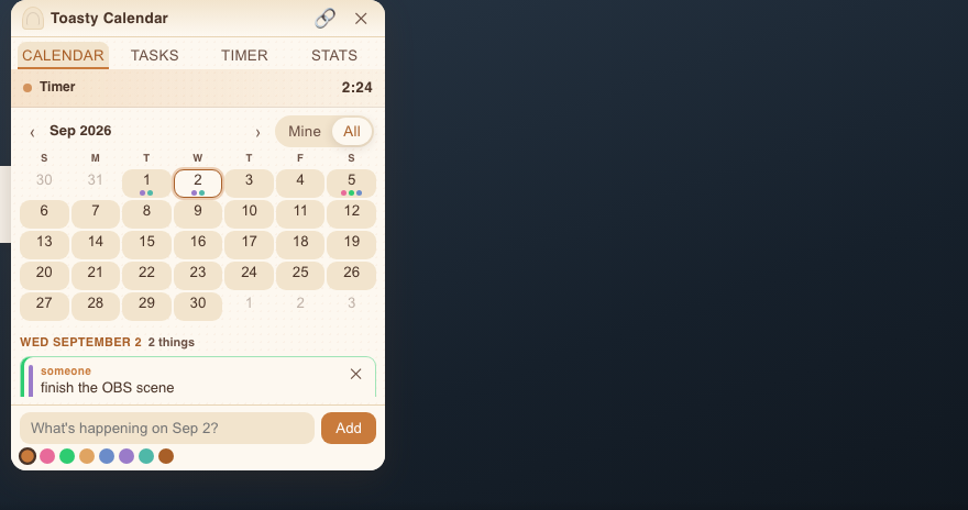 The Toasty calendar drawer open over a Twitch player, showing a September month grid