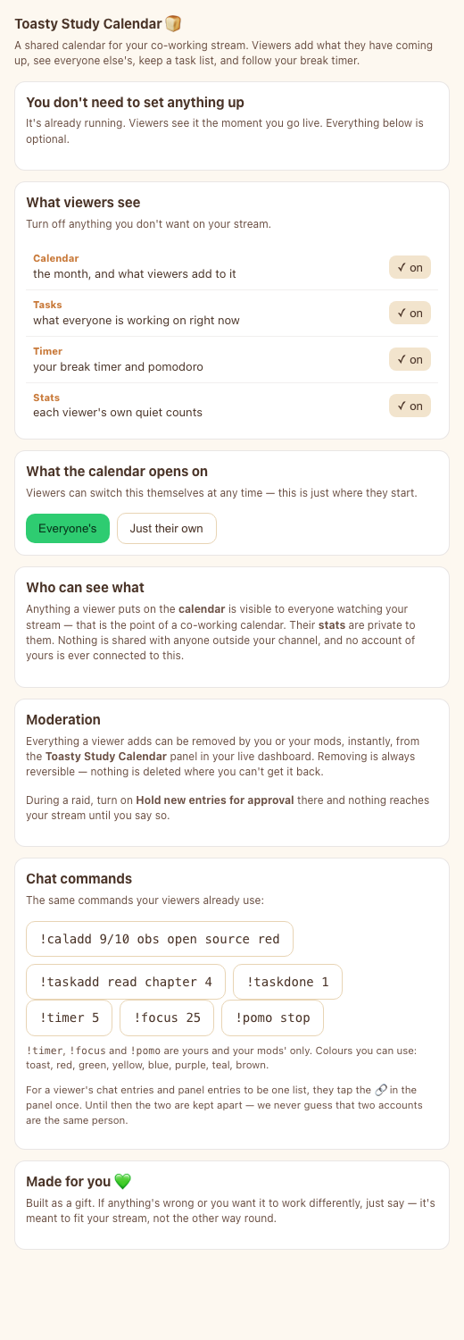 The broadcaster settings page with feature toggles and chat command reference