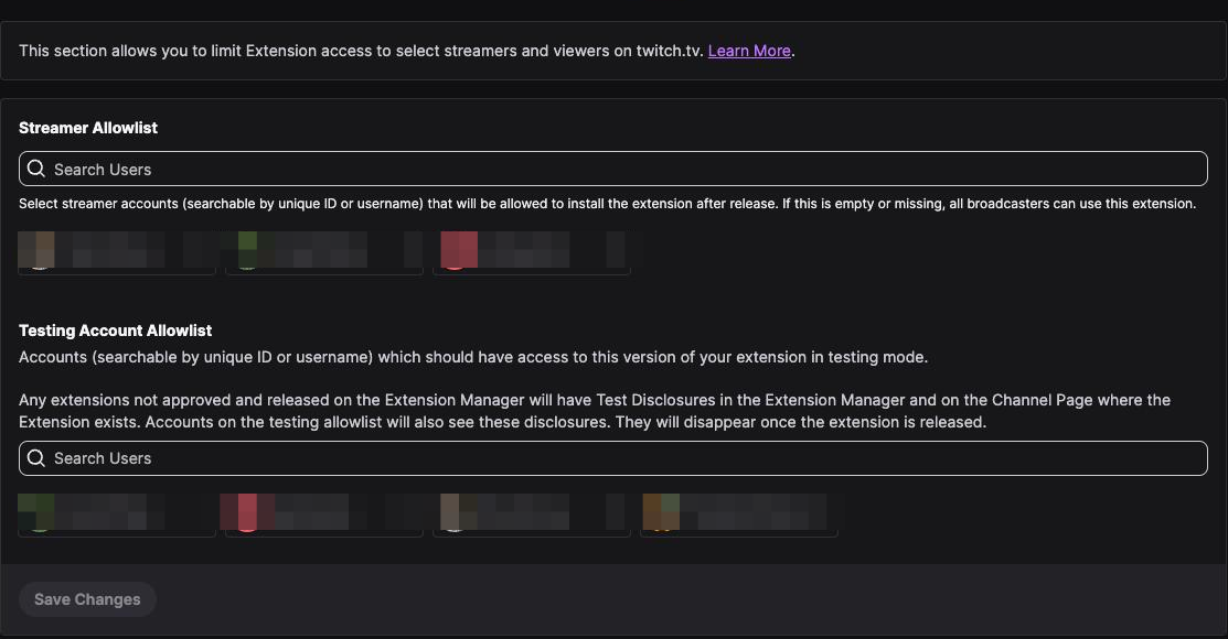 The Access tab of the Twitch developer console showing two allowlists, names blurred