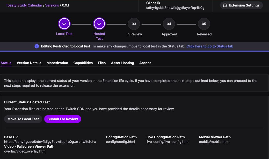 The Status tab showing Current Status: Hosted Test