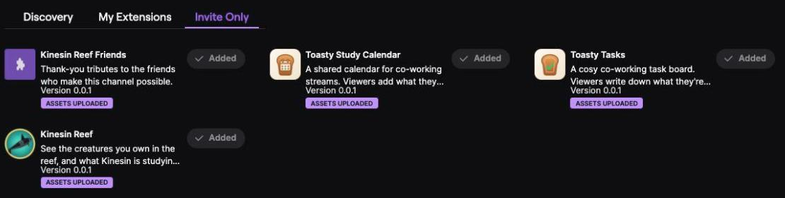 The Invite Only tab of the Twitch Extensions dashboard showing Toasty Study Calendar