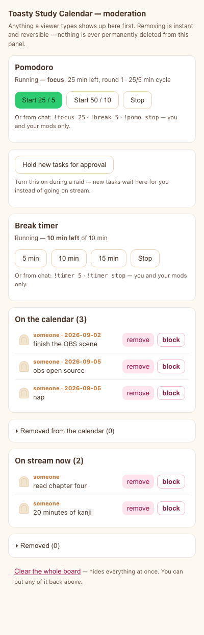 The moderation panel listing calendar entries and tasks with remove and block buttons
